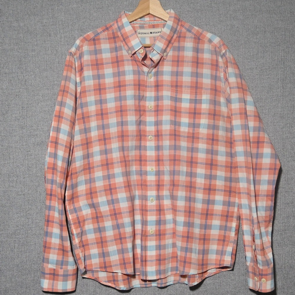 The Normal Brand Plaid Button Down Mens Long Sleeve Shirt Large Peach Blue